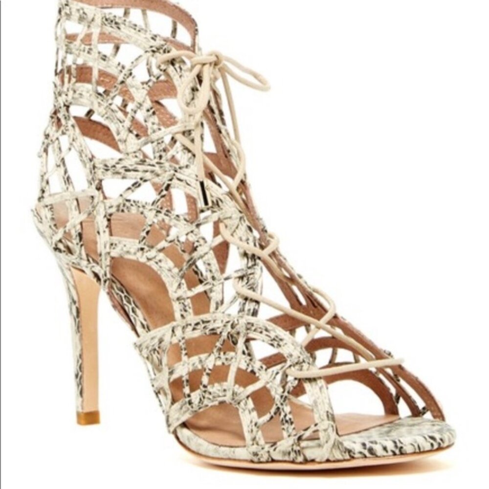 Lace-Up Caged High Heel Sandals - Cream Snake Print